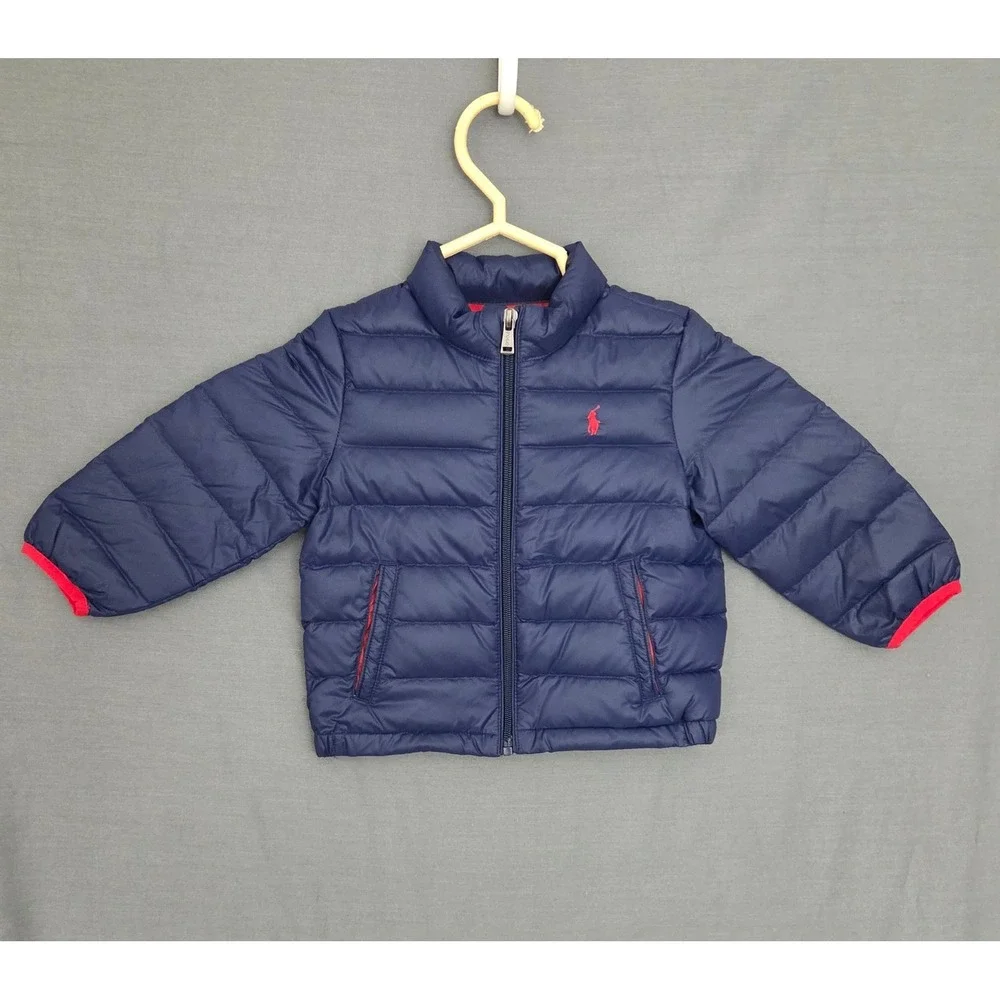 Ralph Lauren Toddler Navy Blue Down Puffer Jacket Packable Red Pony Logo